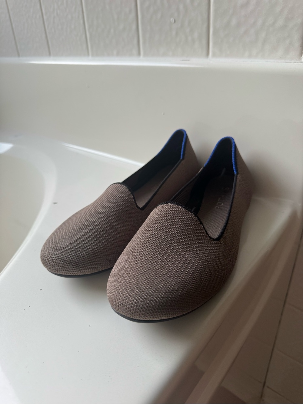 Rothy's Taupe Slip-On Loafers with Blue Trim